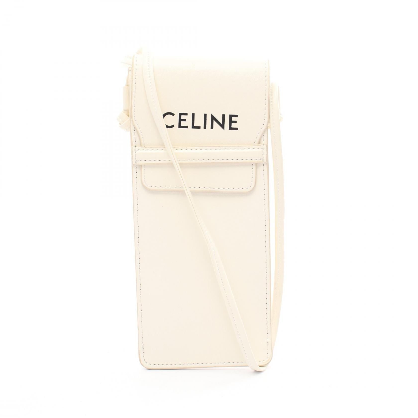 Celine Sunglasses Case Phone Pouch Shoulder Bag Logo Print Leather Off White