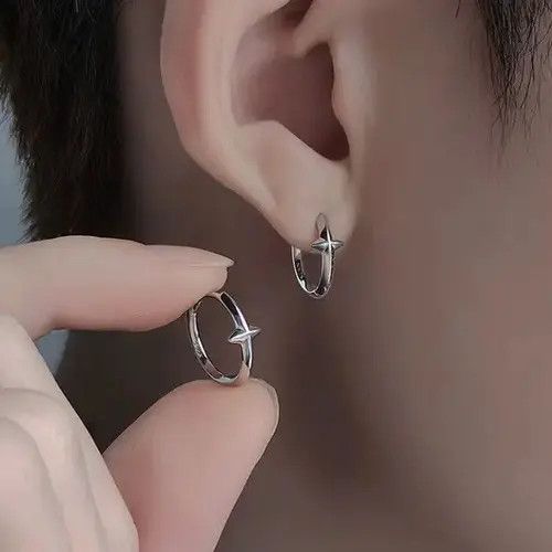 Japanese Brand 925 Silver Plated Star Hoop Earrings for Men Women Size ONE SIZE - 4 Thumbnail