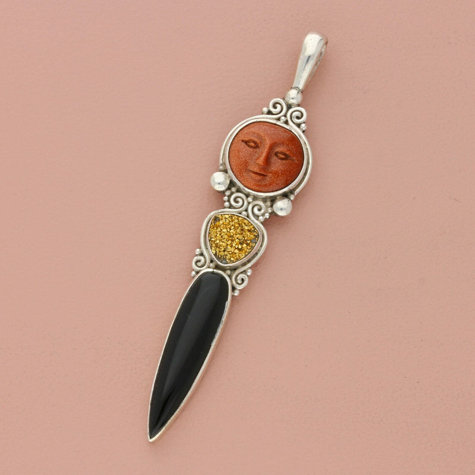 image of Sajen Sterling Silver Druzy & Onyx Moon Goddess Drop Pendant, Women's