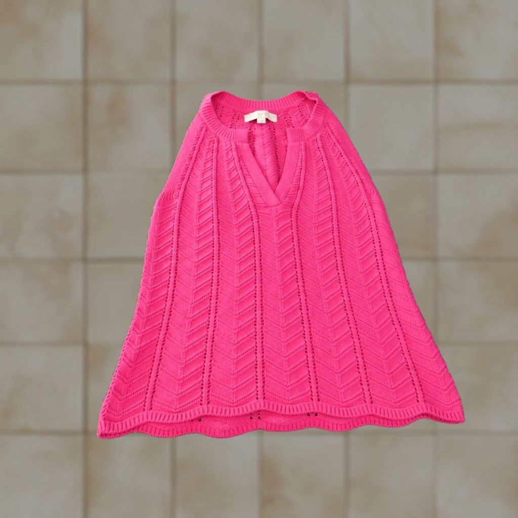 Loft LOFT Pink Geometric Knit Cotton Sleeveless V-Neck Sweater Womens Small Pullover Knit Pattern Casual Vintage: No Size S / US 4 / IT 40 - 1 Thumbnail