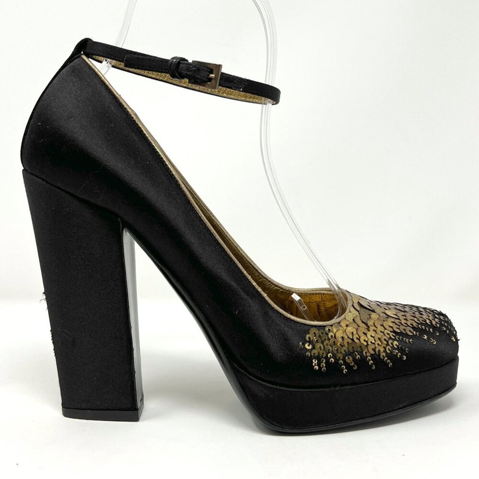 Prada Prada Black Satin Gold Sequins Mary Jane Platform Pumps Size US 8.5 / IT 38.5 - 3 Thumbnail