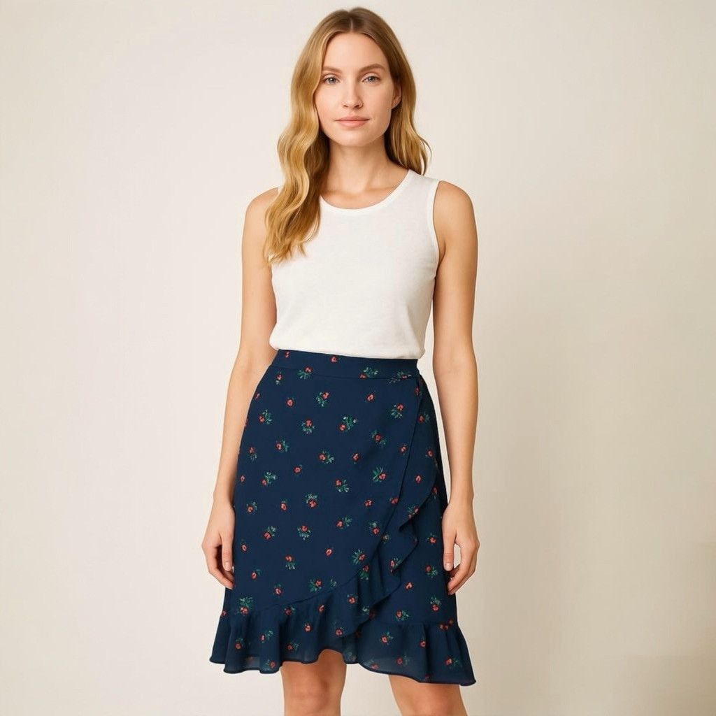 Banana Republic Banana Republic Wrap Skirt Size 8 Blue Cherry Print Ruffle Size 30" / US 8 / IT 44 - 1 Thumbnail