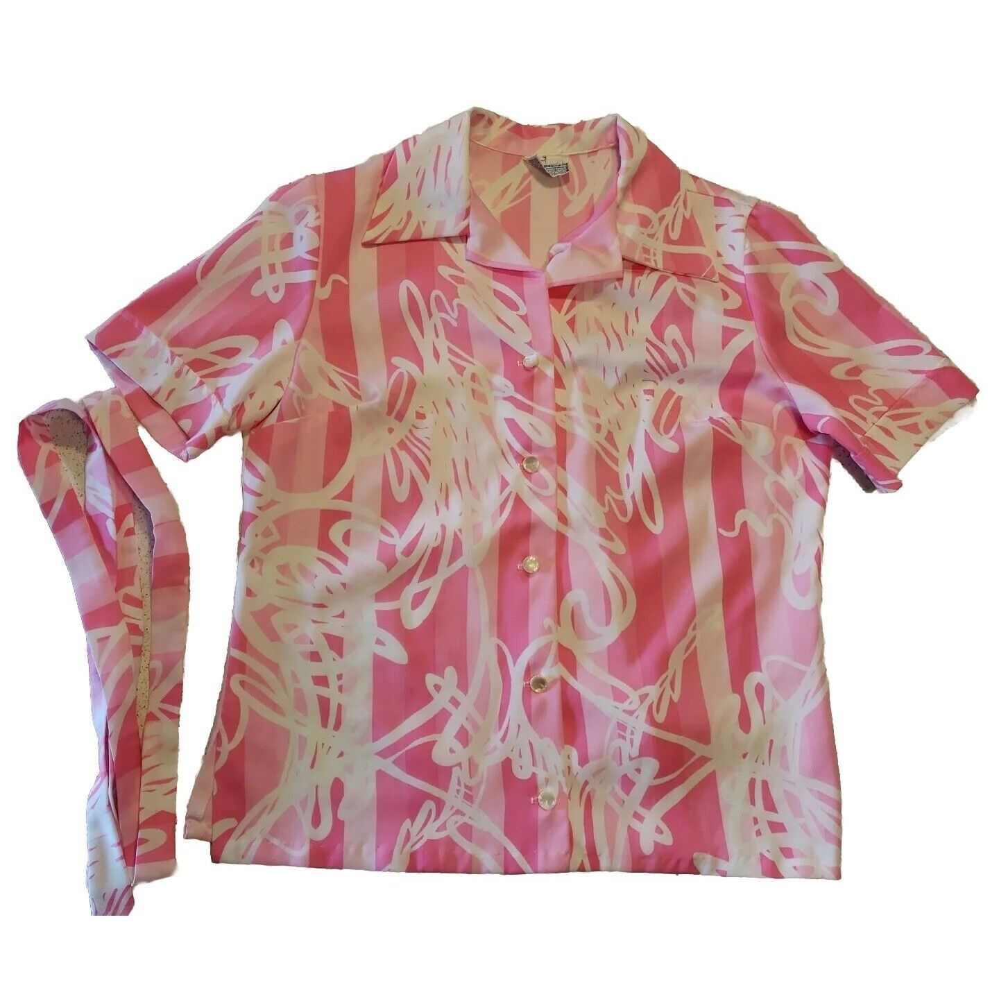 Vintage 70s Pussy Bow Top Womens M Pink Floral Polyester Short Sleev Size M / US 6-8 / IT 42-44 - 4 Thumbnail