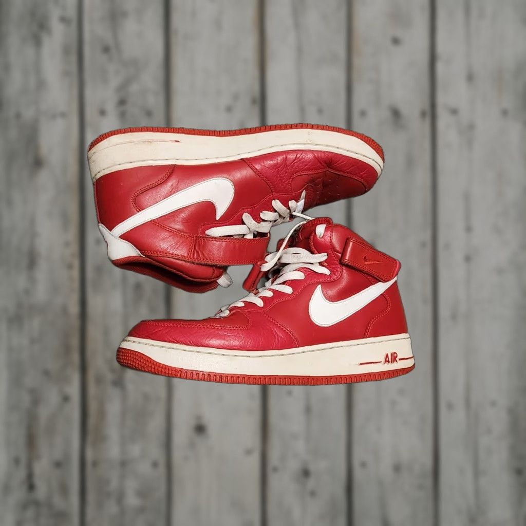 Nike VINTAGE Nike Air Force One High Top Sneaker Red White 2011 US 9 Men Mid Top Leather Rubber Fabric Nike Air Force 1 Athletic Basketball Shoes Mens Size US M / EU 48-50 / 2 - 1 Thumbnail