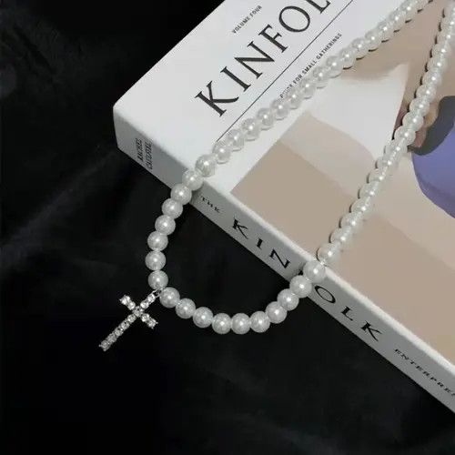 Japanese Brand Punkrock Diamond Cross Glitter Pearls Necklace Chain Size ONE SIZE - 5 Thumbnail