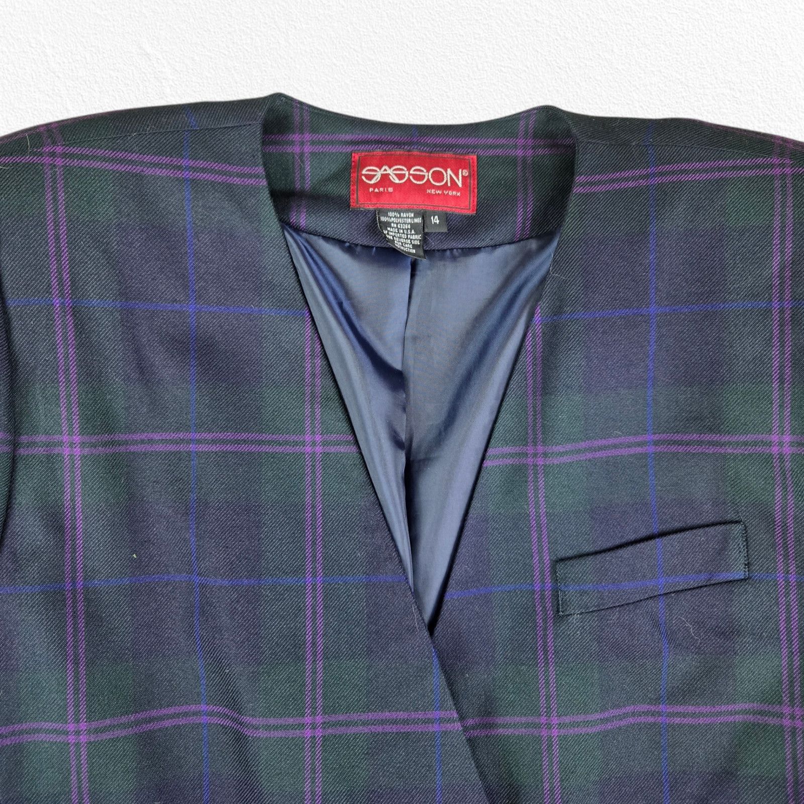 Vintage 80s Black Purple Plaid Double Breasted Power Blazer Size 14 Size XL / US 12-14 / IT 48-50 - 3 Thumbnail