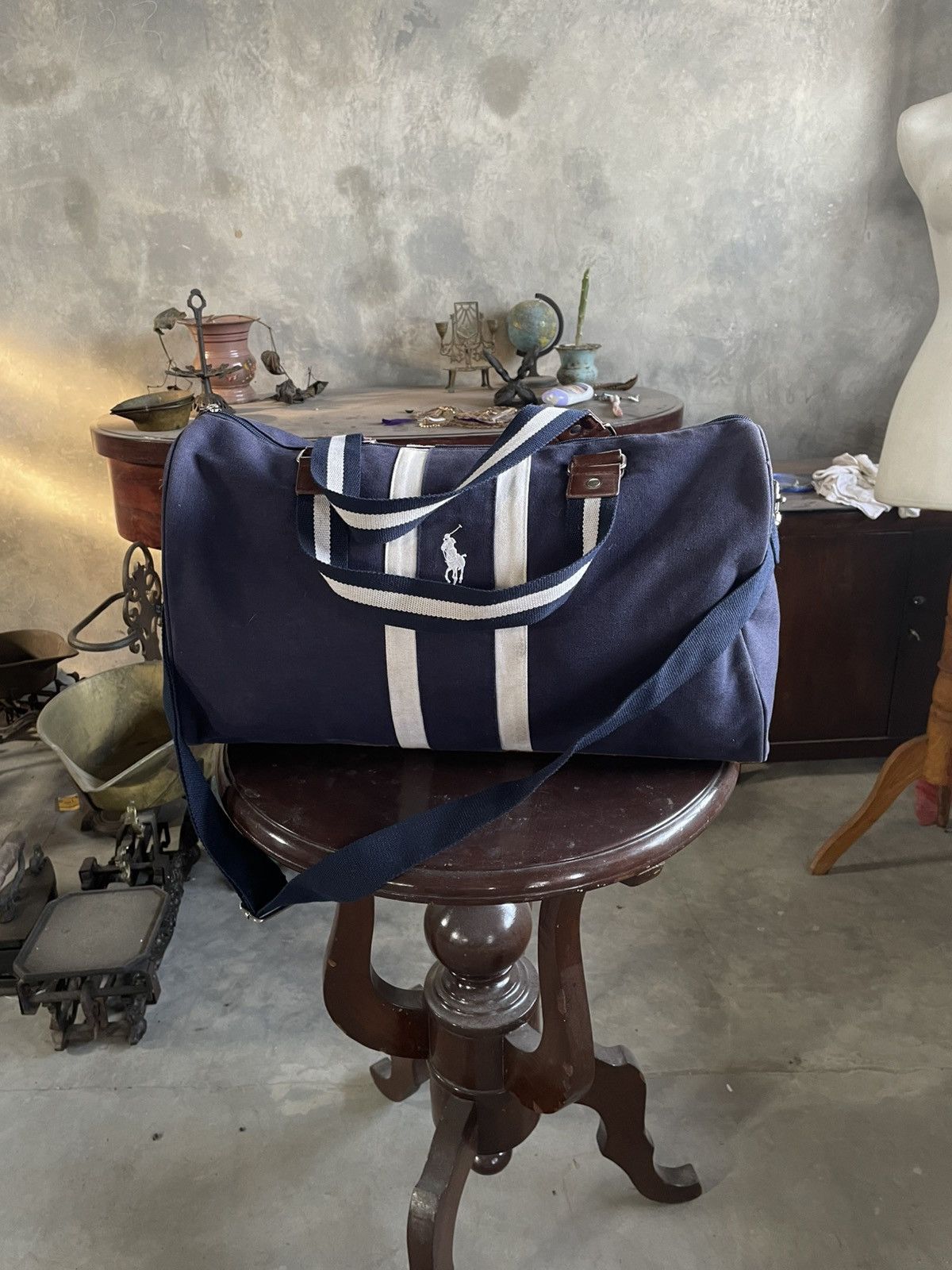 Polo Ralph Lauren Sling Duffle Bag Leather Canvas Navy