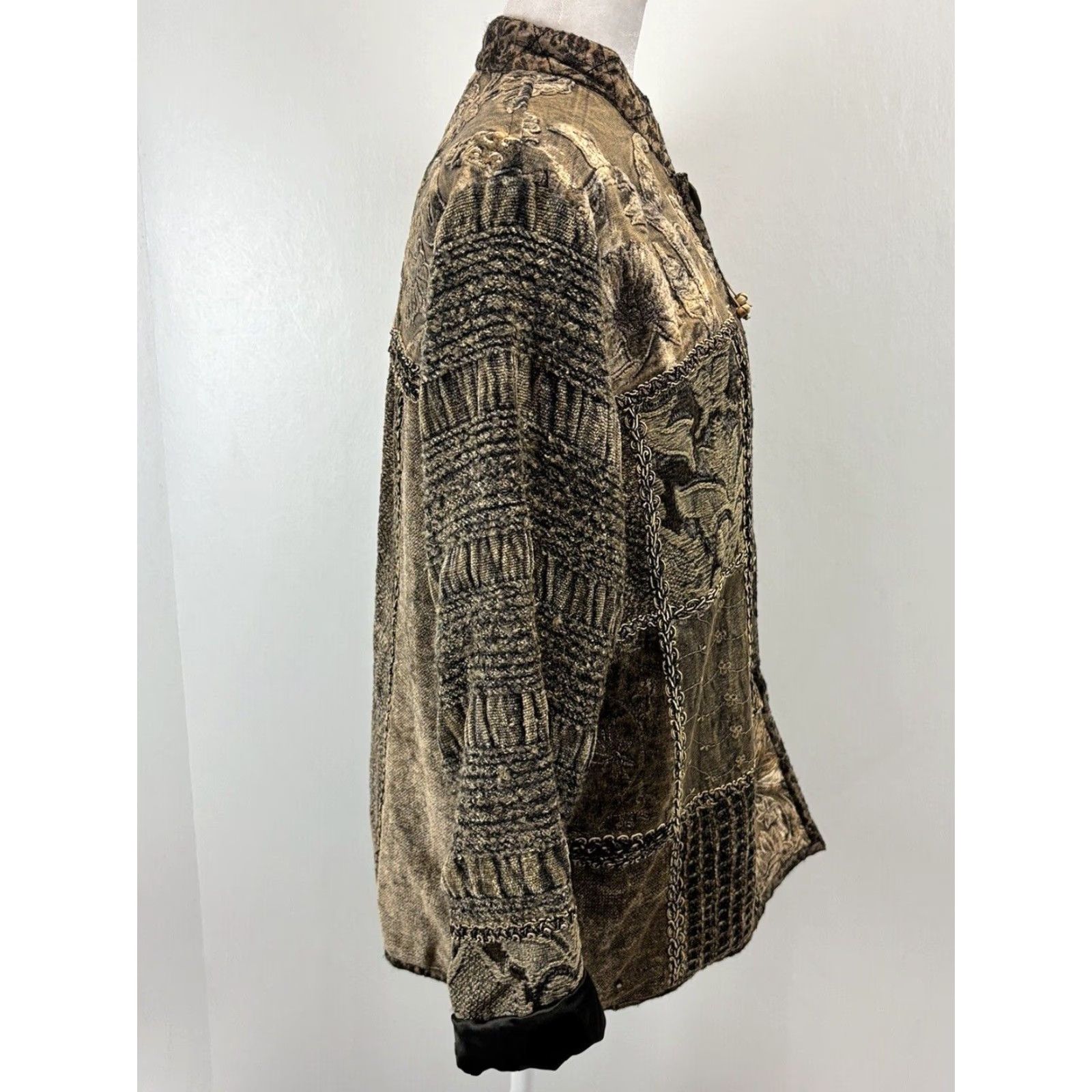 Velour VINTAGE Flashback Velour Jacket Embroidered Lace Women Mid-Length Brown Green 90s Retro Boho Velvet Jacket Womens M Size M / US 6-8 / IT 42-44 - 4 Thumbnail