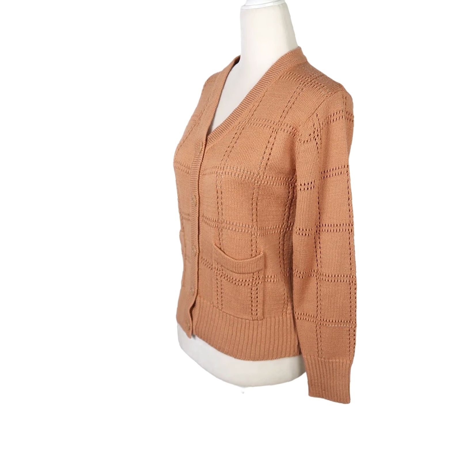 Camel VINTAGE Loubella Extendables Cardigan Sweater S Women Camel Tan Grid Knit Long Sleeve 70s Size S / US 4 / IT 40 - 3 Thumbnail
