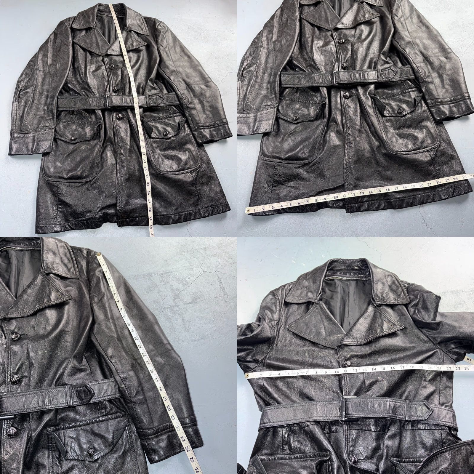 Vintage VTG Mens Leather Coat Long Duster UNLINED Military Trench Belt Black 60s Rockabilly Casual Regular Size M Boys? Size ONE SIZE - 9 Thumbnail