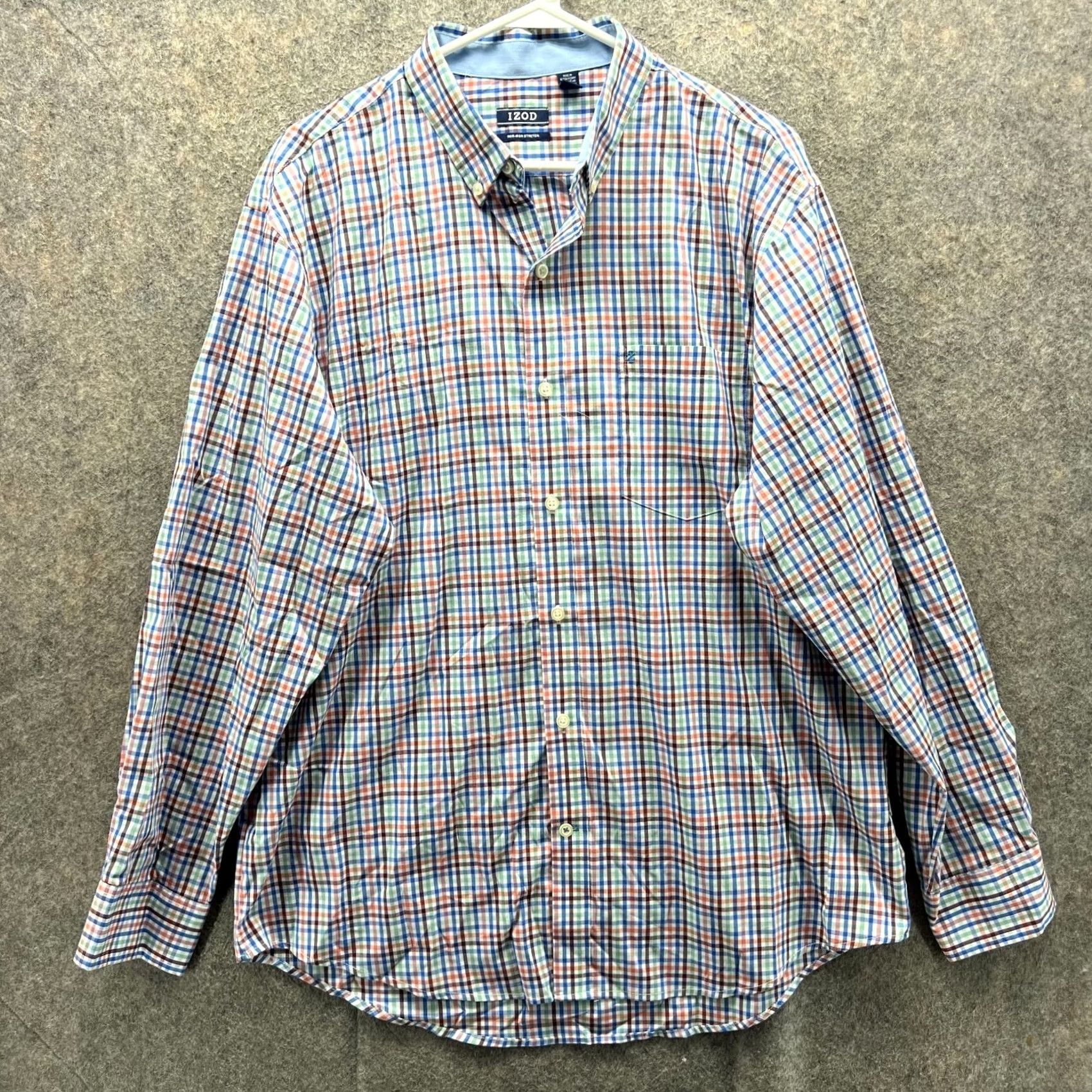 Izod VINTAGE Izod Shirt Men Large Blue Button-Down Non Iron Stretch Gingham Plaid Dress Shirt Size 42R - 2 Thumbnail