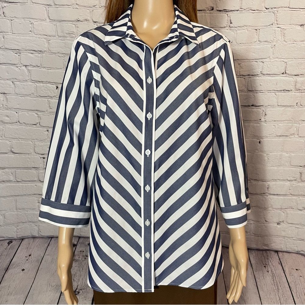 Chicos New Chico's No-Iron Cotton Striped Stain Shield Shirt Size Size L / US 10 / IT 46 - 5 Thumbnail