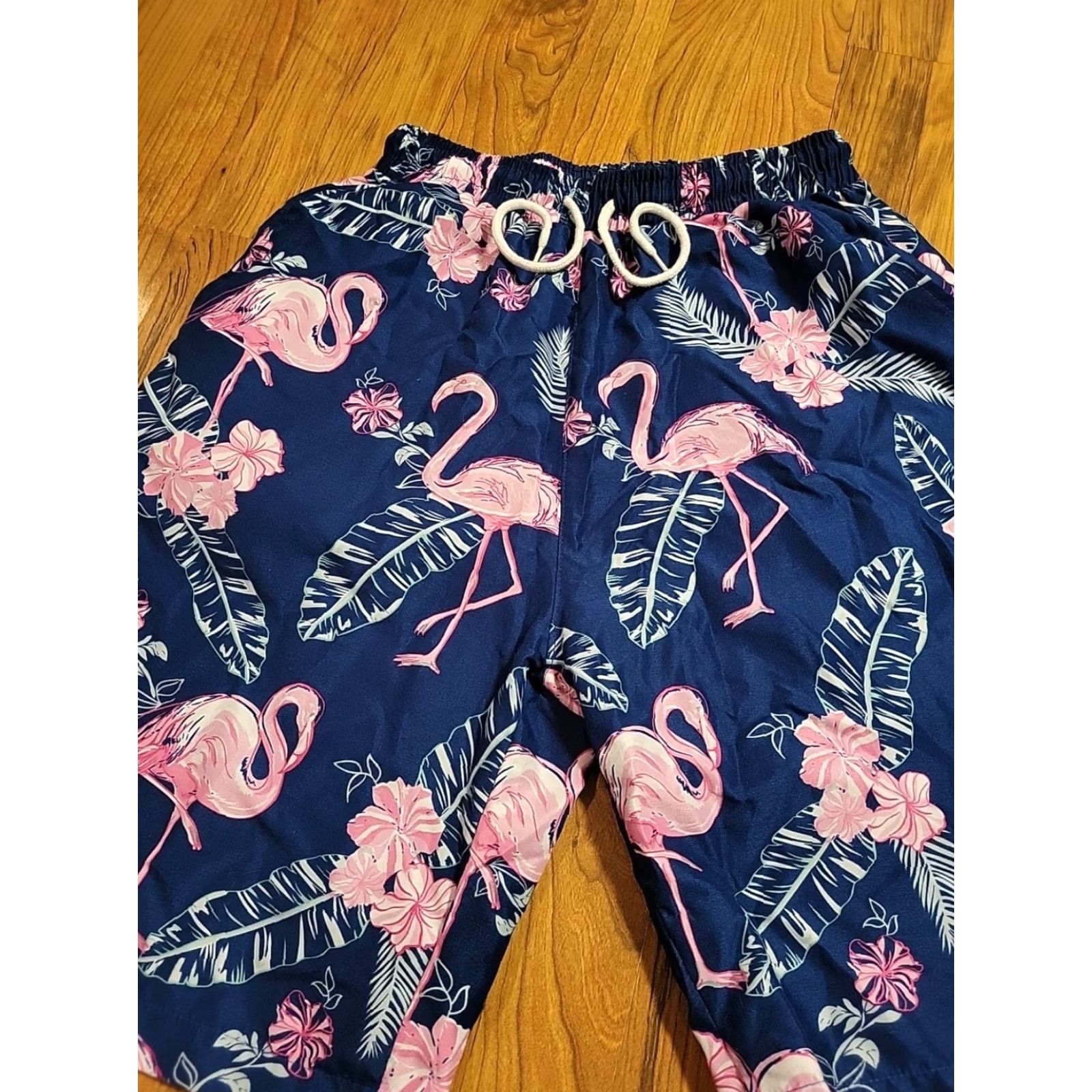 Vintage Flamingo Swim Trunks All Over Print Blue & Pink M Men Bottom with Pockets Drawstring 28"-32" Size ONE SIZE - 2 Thumbnail