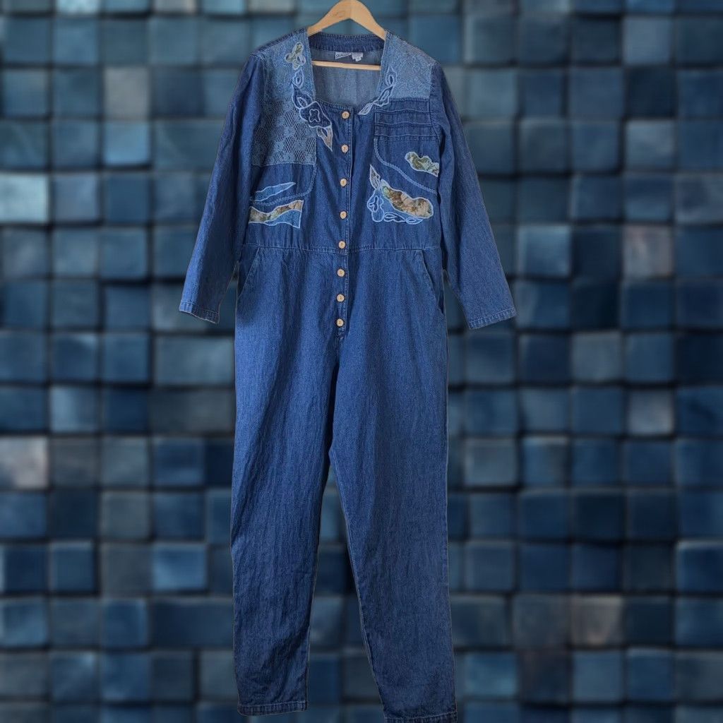 VINTAGE Styleworks Denim Jumpsuit Size 14 Women Long Sleeve