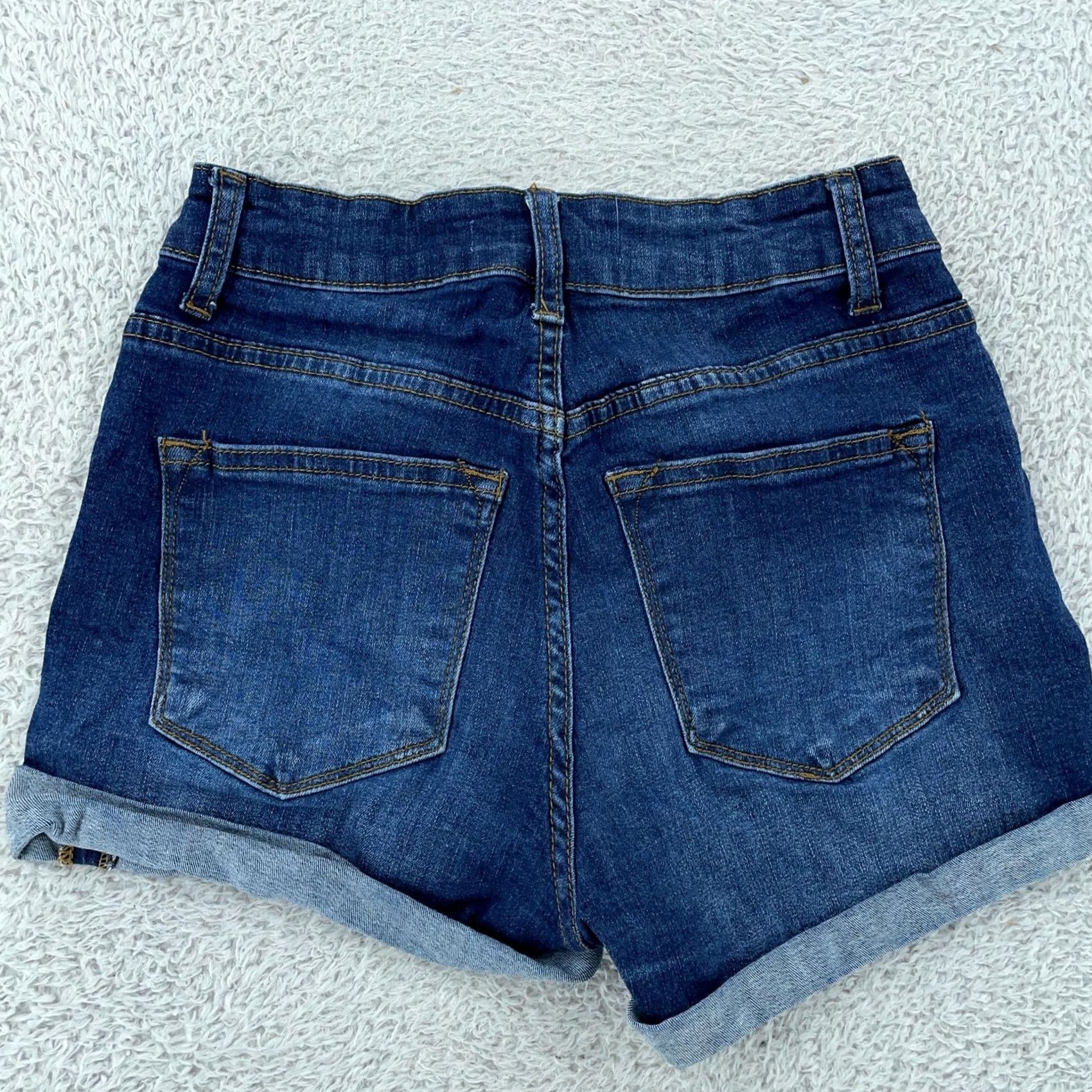 Vintage KanCan Womens 25 3/25 Blue Distressed Cuffed Stretch Denim Jean Dark Wash Shorts Size 42" / US 20 - 2 Thumbnail