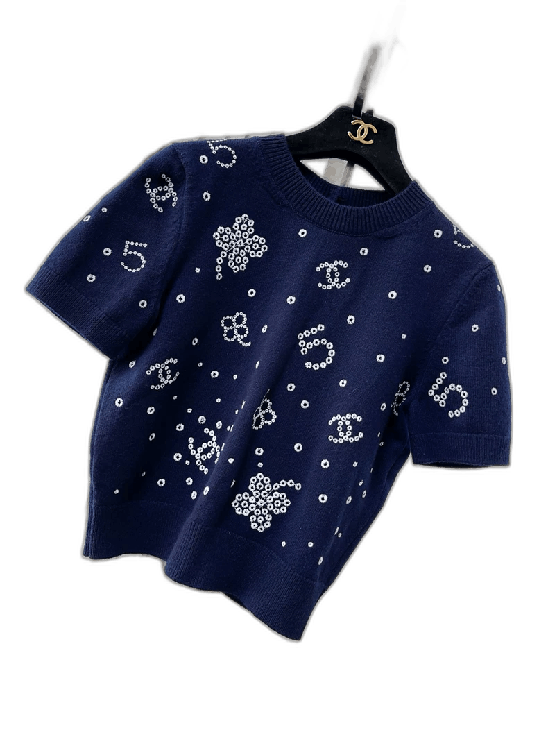 Chanel 23P Blue Embroidered Short Sleeve Cardigan