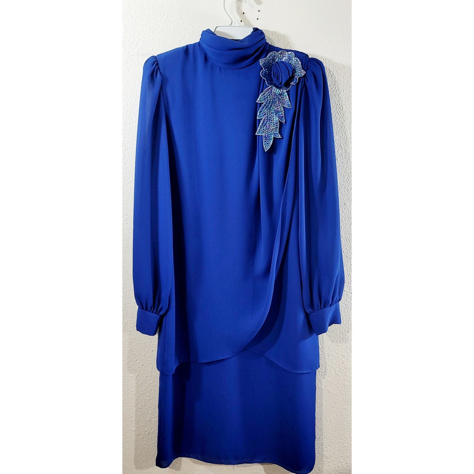 Other VTG After Dark Blue Pleated Cross Over Ruffle Dress Large Size L / US 10 / IT 46 - 9 Thumbnail