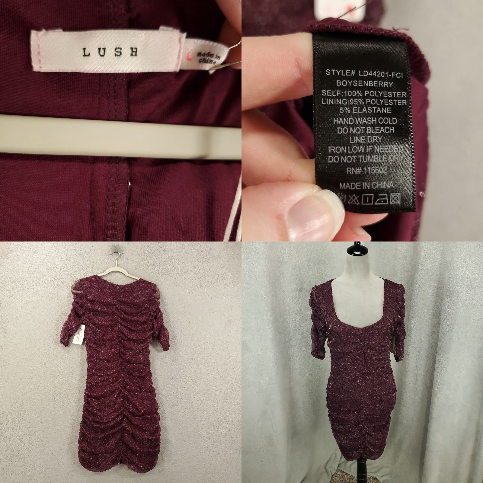 Vintage Lush Sheath Dress Mini Purple Boysenberry L Large Short Sleeve Ruched Draped Sparkle Shimmer Polyester Blend Spandex Size L / US 10 / IT 46 - 8 Thumbnail