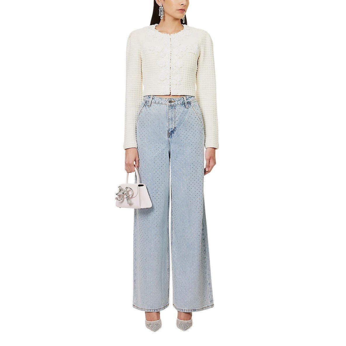 Self-Portrait NWT Self-Portrait Blue Rhinestone Wide-Leg Jeans Size 27 Size 27" / US 4 / IT 40 - 3 Thumbnail