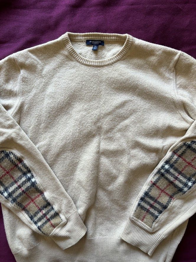 image of Burberry Nova Check Elbow Patch Wool Sweater in Beige, Men's (Size XS)