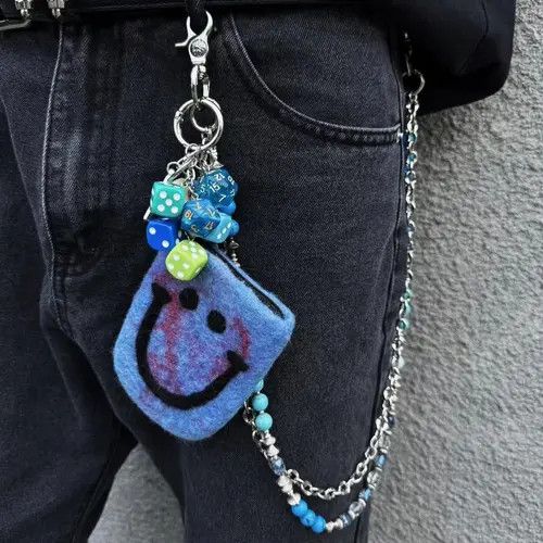 Jewelry 98Blue Beaded Wallet Pants Chain with Felt Smile Pouch Size ONE SIZE - 1 Thumbnail