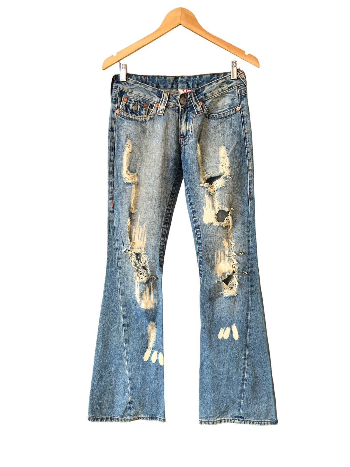 image of True Religion Distressed Boot Cut Jeans in Blue, Women's (Size 26)