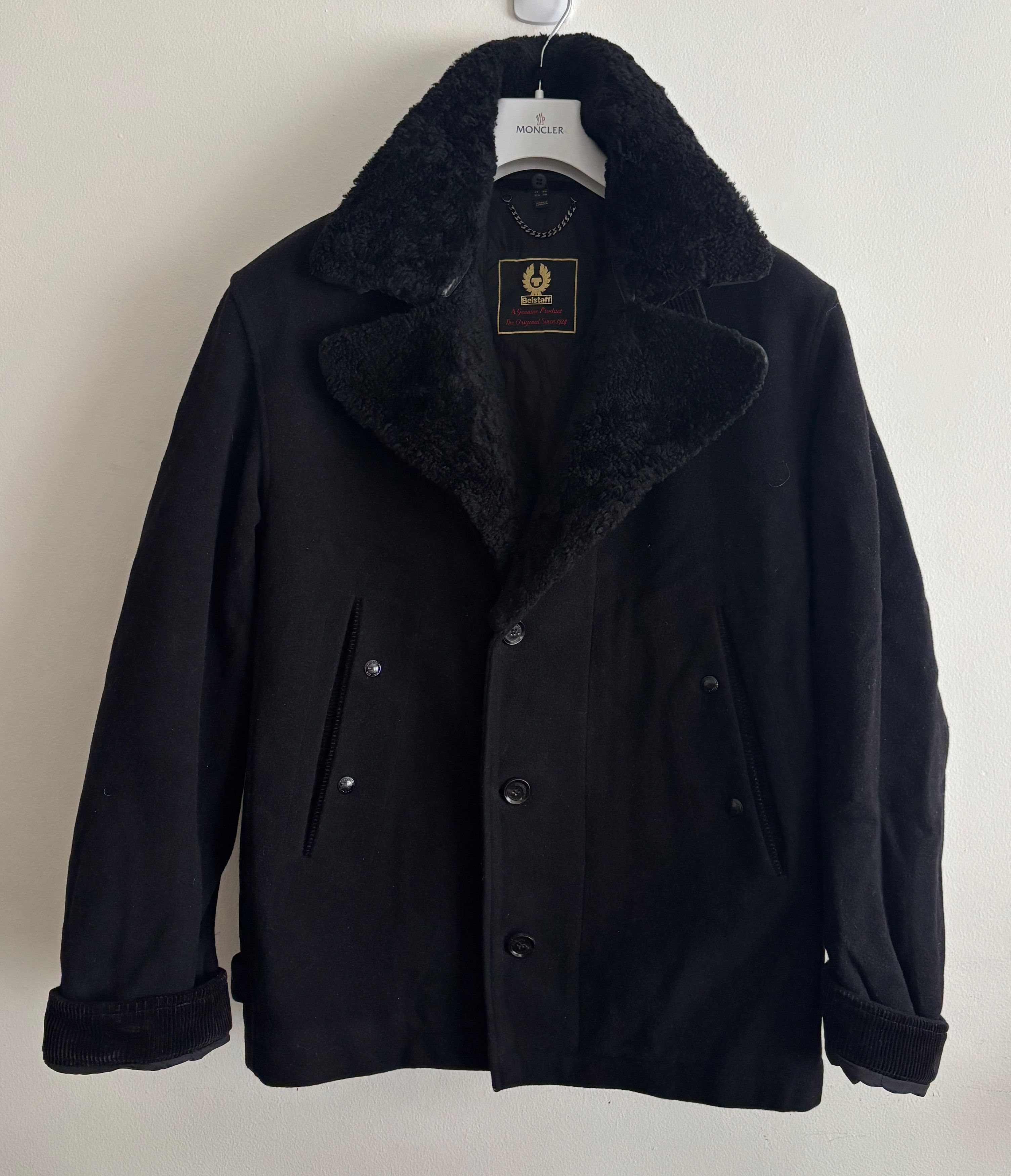 Belstaff Black Wool Trail Jacket / Pea Coat Shearling Collar Size US M / EU 48-50 / 2 - 1 Thumbnail