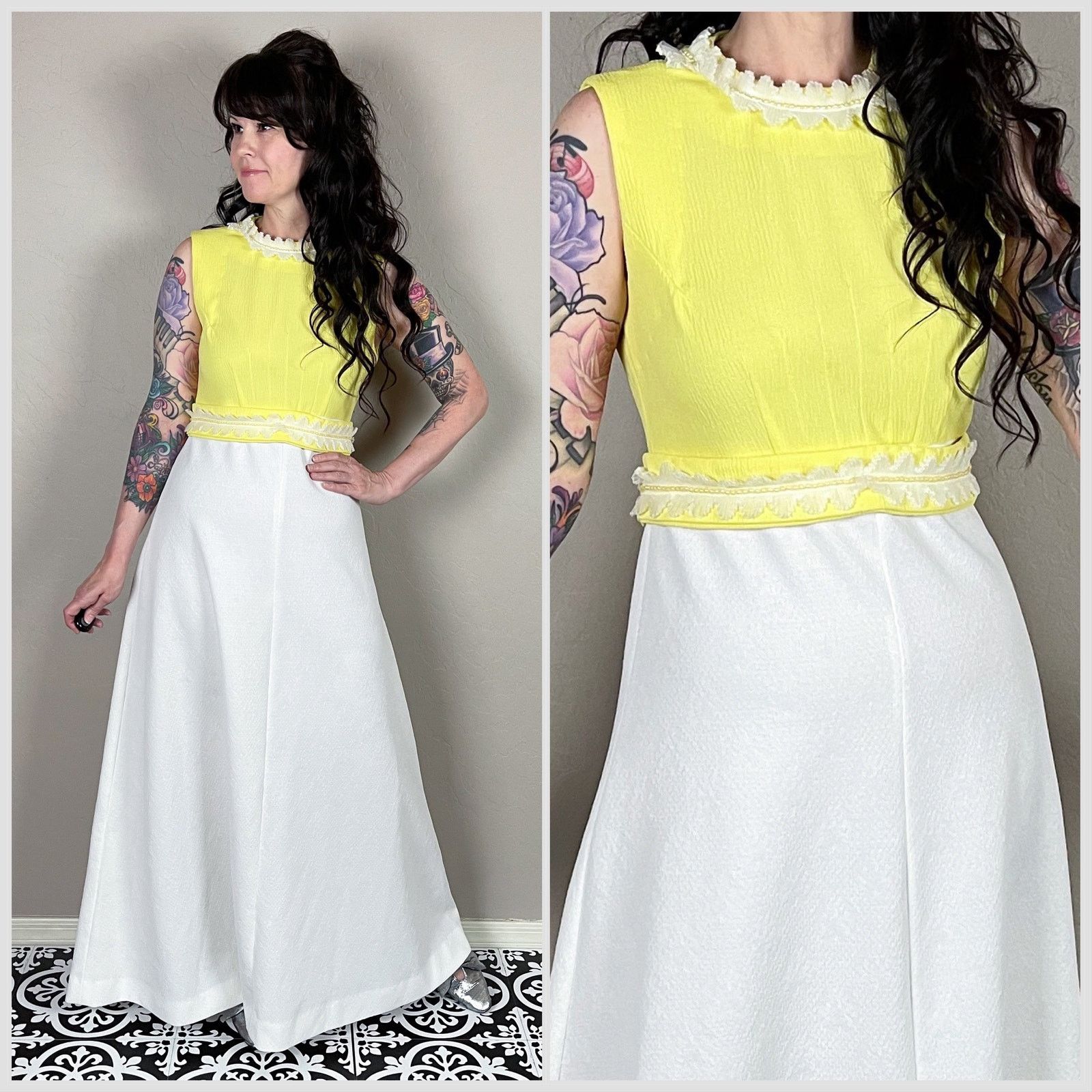 Vintage 1960s Yellow and White Sleeveless A-line Maxi Prom Dress Size M / US 6-8 / IT 42-44 - 1 Thumbnail