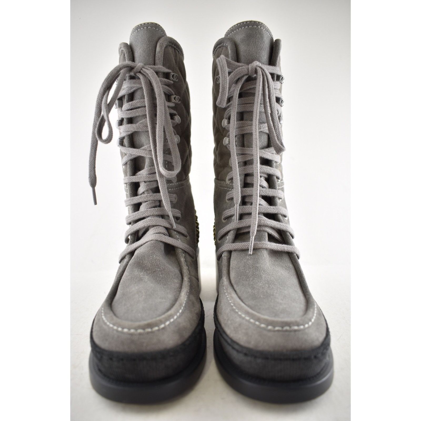 Chanel Chanel 24K Grey Quilted Suede Chain CC Combat Boots 36 Size US 6 / IT 36 - 9 Thumbnail