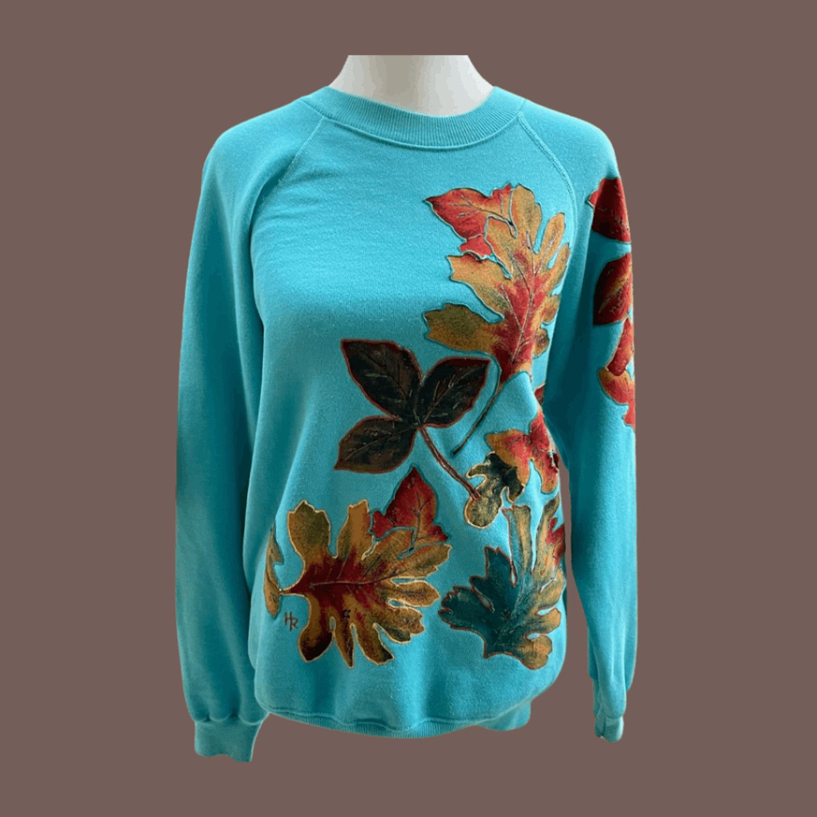 Hanes VTG Sweatshirt | Hanes Aqua Blue Leaf Print | 90s Handmade Size US M / EU 48-50 / 2 - 1 Thumbnail