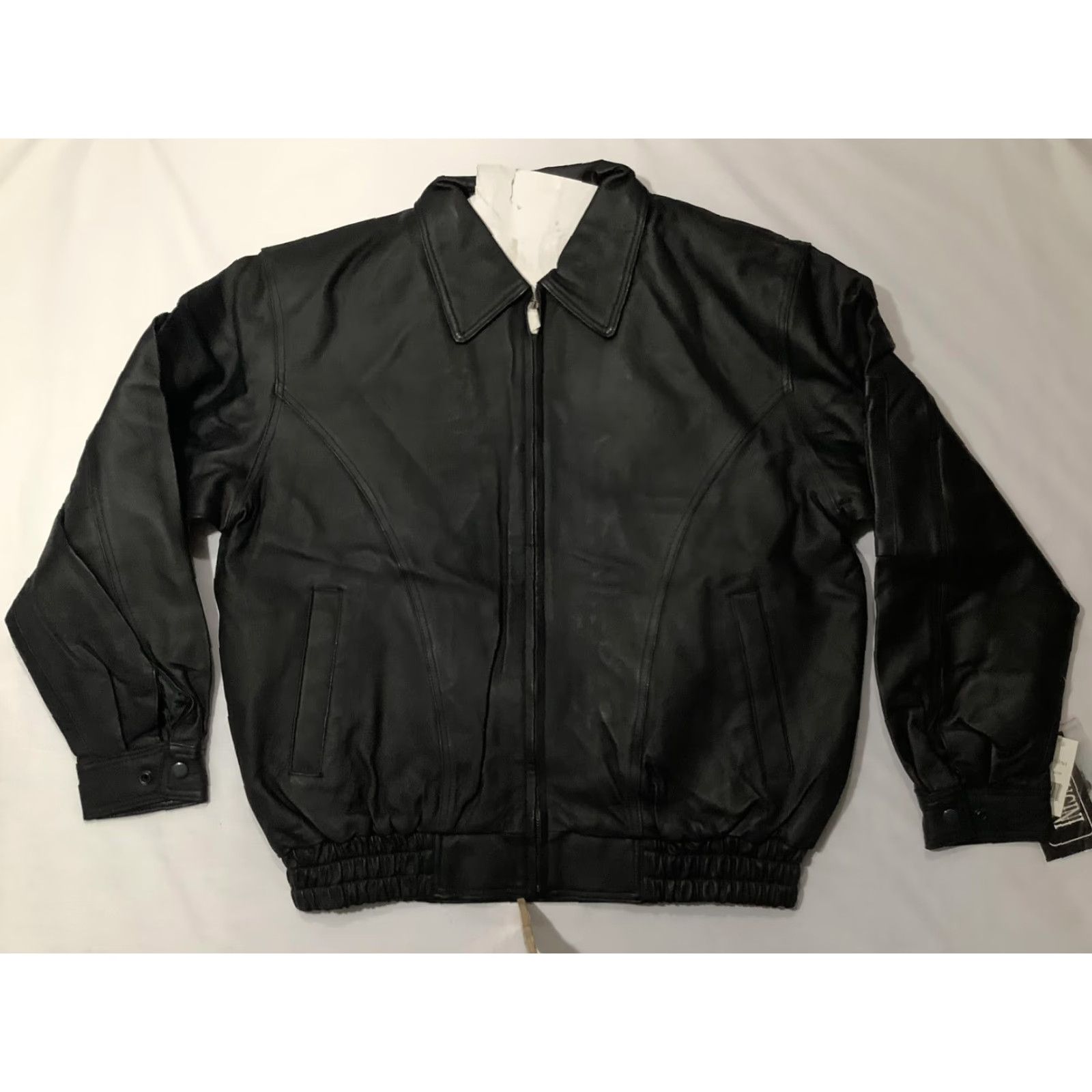 Vintage Ferugini Bomber Jacket Mens Small Black Genuine Leather Back Patch US Army Embroidered Zipper Full Zip Lined Pockets Elastic Waist Army USA Theme Size US S / EU 44-46 / 1 - 3 Thumbnail