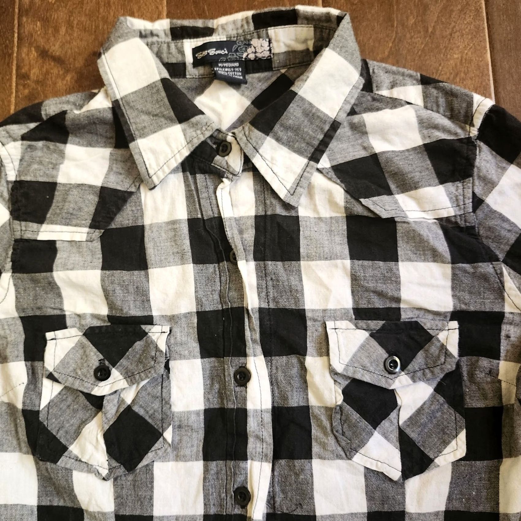Vintage VINTAGE Sans Souchi Women's Junior Checkered Black White Plaid Button Up - Size M Size M / US 6-8 / IT 42-44 - 6 Thumbnail