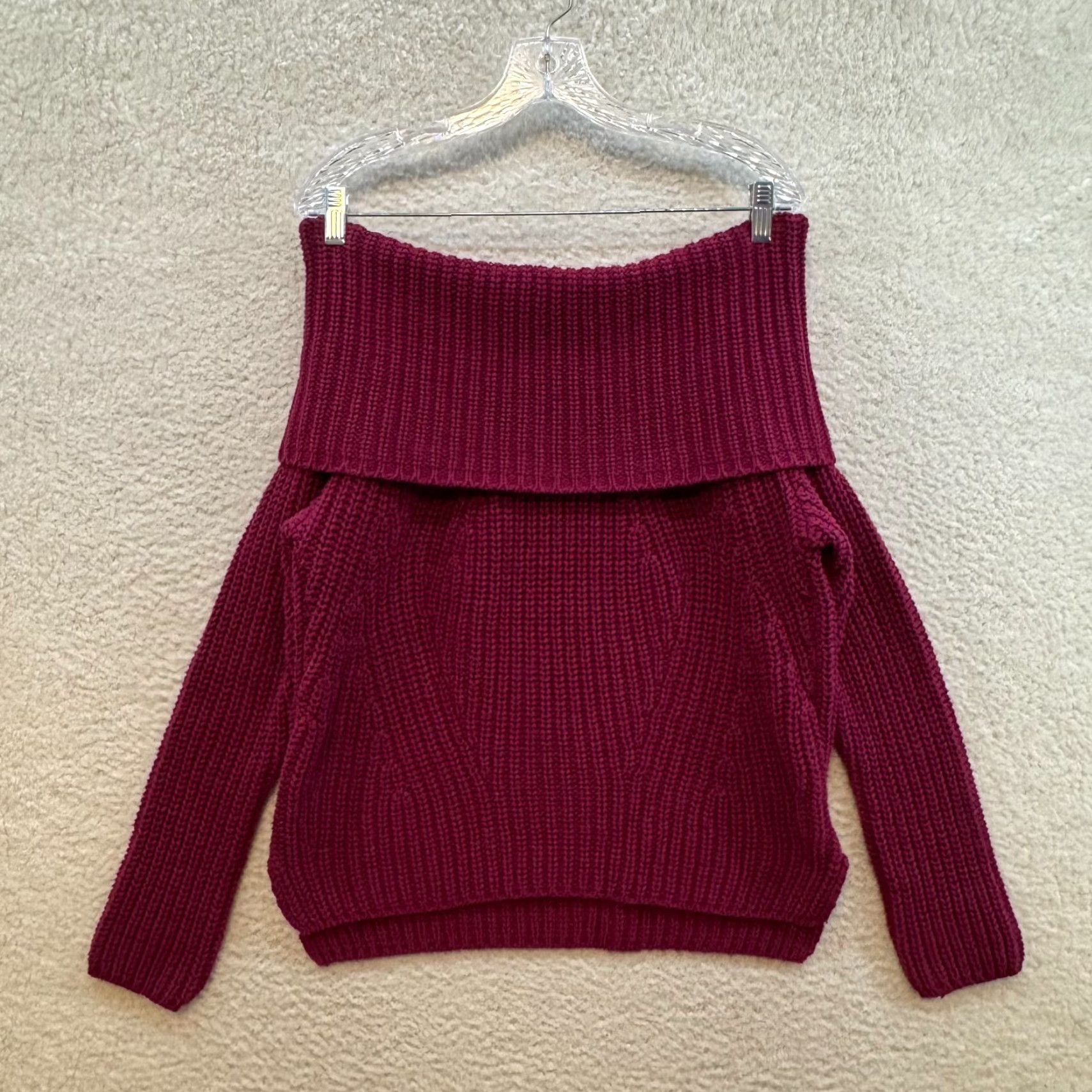 Express Express Off Shoulder Sweater Small Berry Red Chunky Knit Long Sleeve Size S / US 4 / IT 40 - 2 Thumbnail