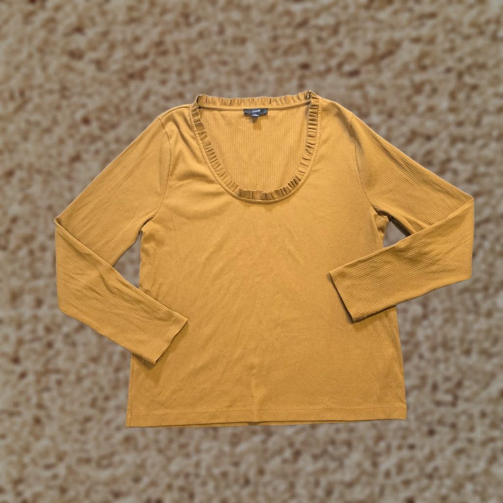 J.Crew J.CREW Top Womens XXL Brown Tan Ribbed Long Sleeve Ruffle Neck Casual Blouse Size XXL / US 16-18 / IT 52-54 - 1 Thumbnail