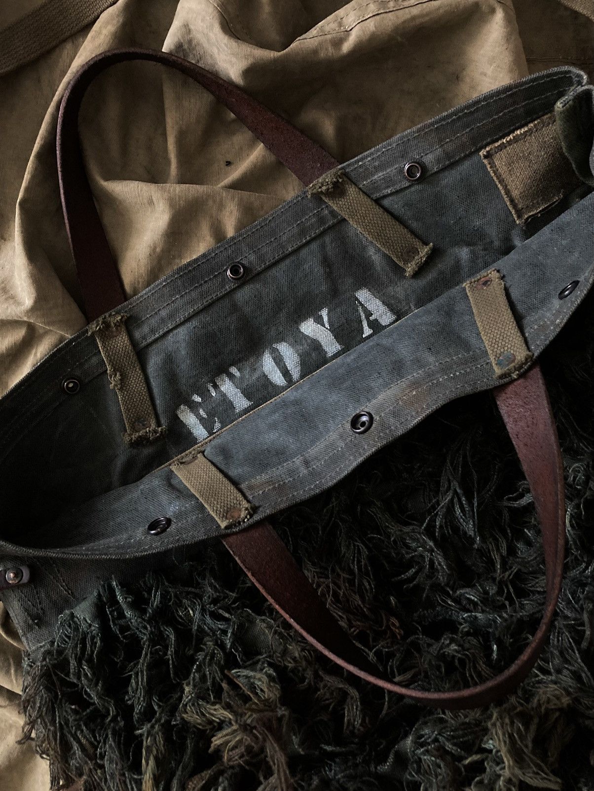 Handmade Reworked Waxed Heavy Canvas Crossbody Tote Bag Vintage Army Size ONE SIZE - 8 Thumbnail