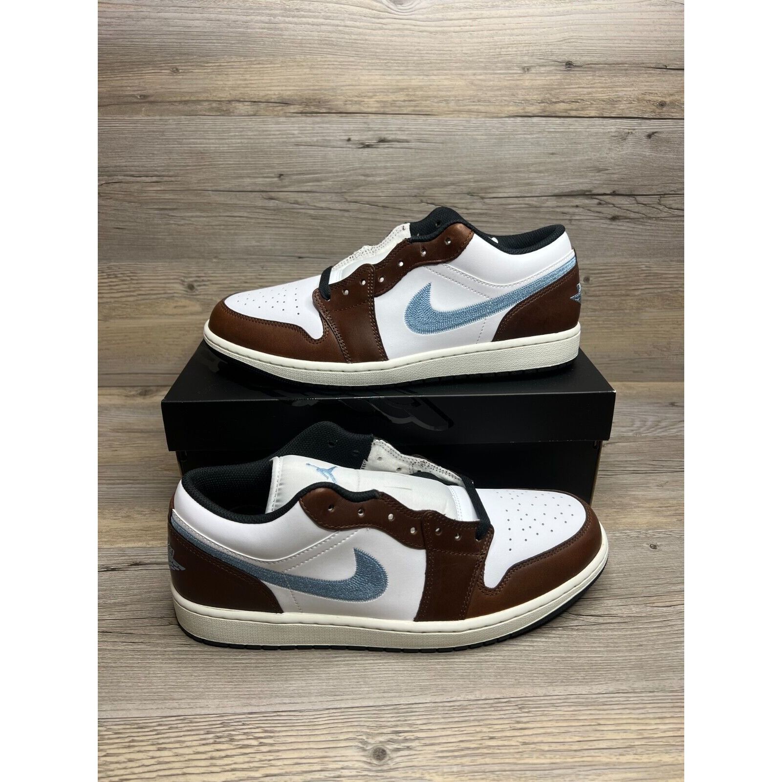 image of Nike Air Jordan 1 Low Mens Size 13 White Blue Grey Black Shoes in Brown