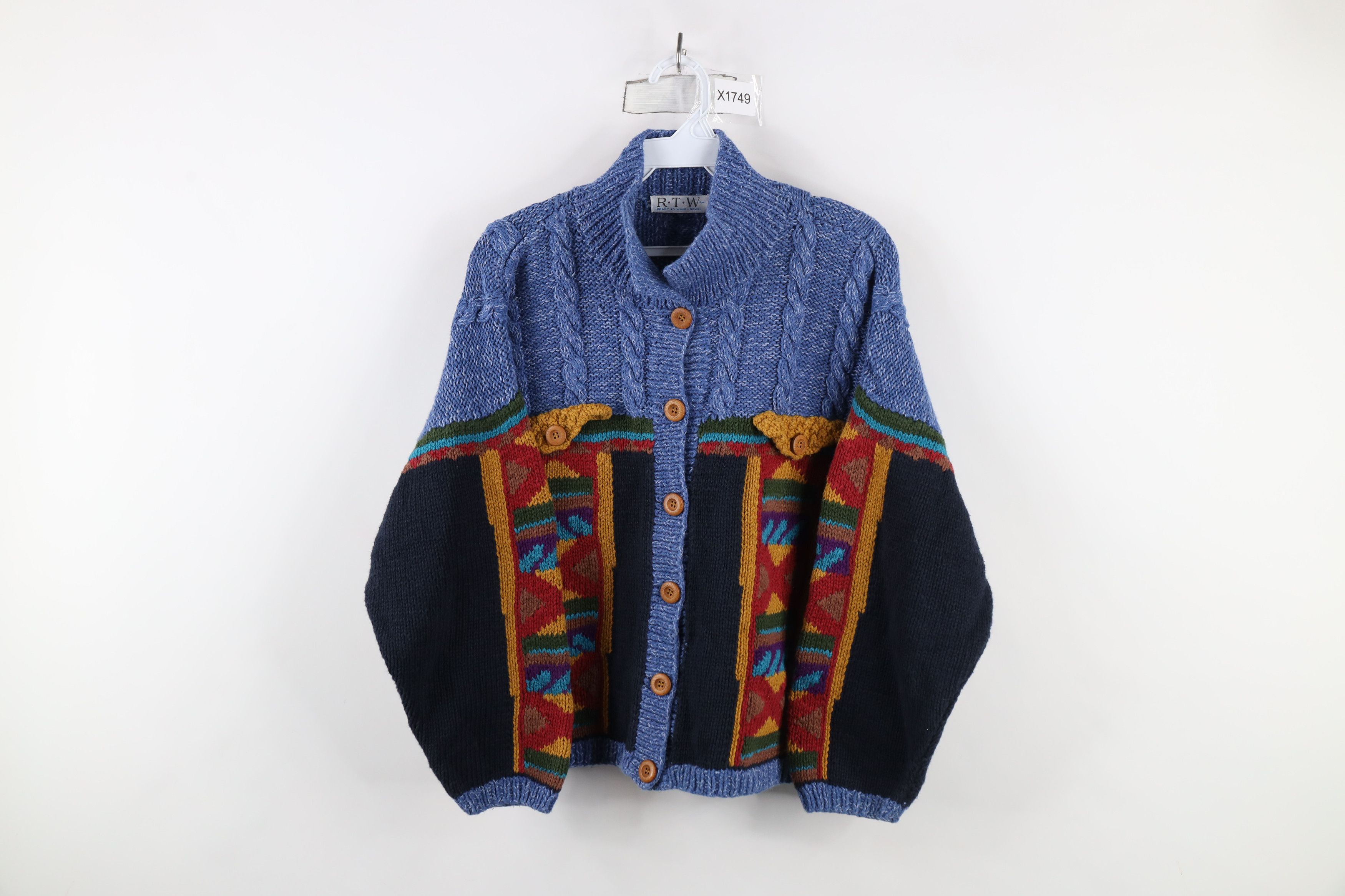 Vintage Vintage 90s Streetwear Rainbow Cable Knit Cardigan Sweater Size XL / US 12-14 / IT 48-50 - 1 Thumbnail