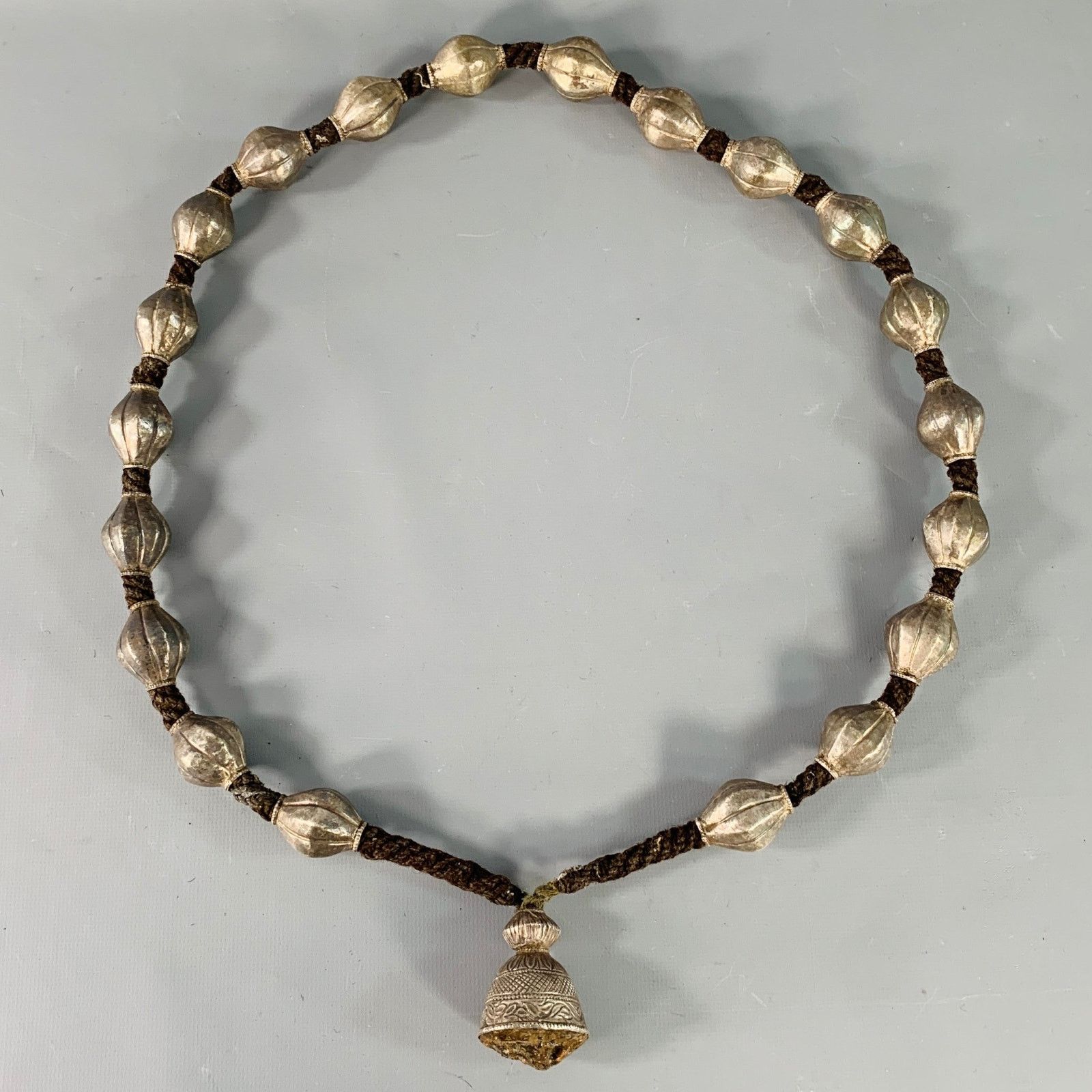 Vintage Brown Silver Cord Metal Chunky Beaded Pendant Necklace Size 36 - 1 Thumbnail