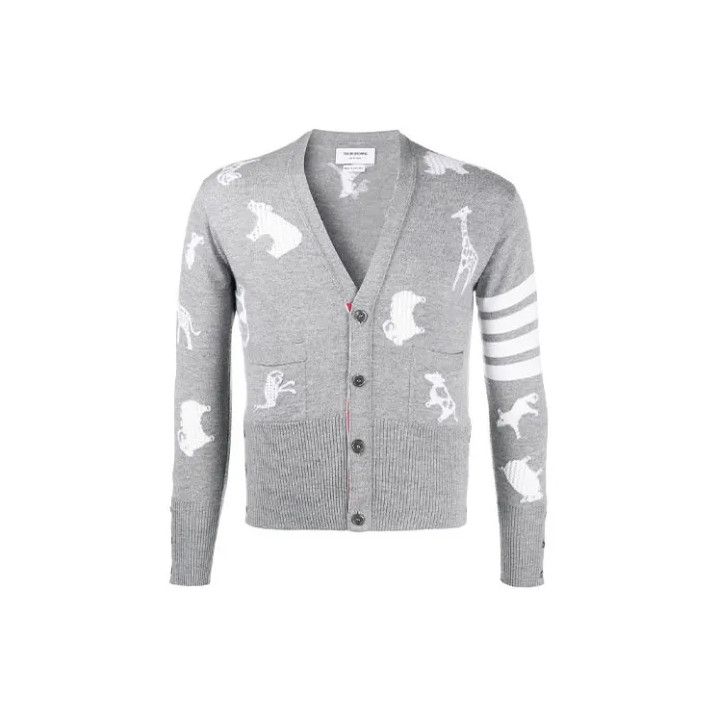 Thom Browne THOM BROWNE Gray Knitted Cardigan with Animal Patterns Size US M / EU 48-50 / 2 - 1 Thumbnail