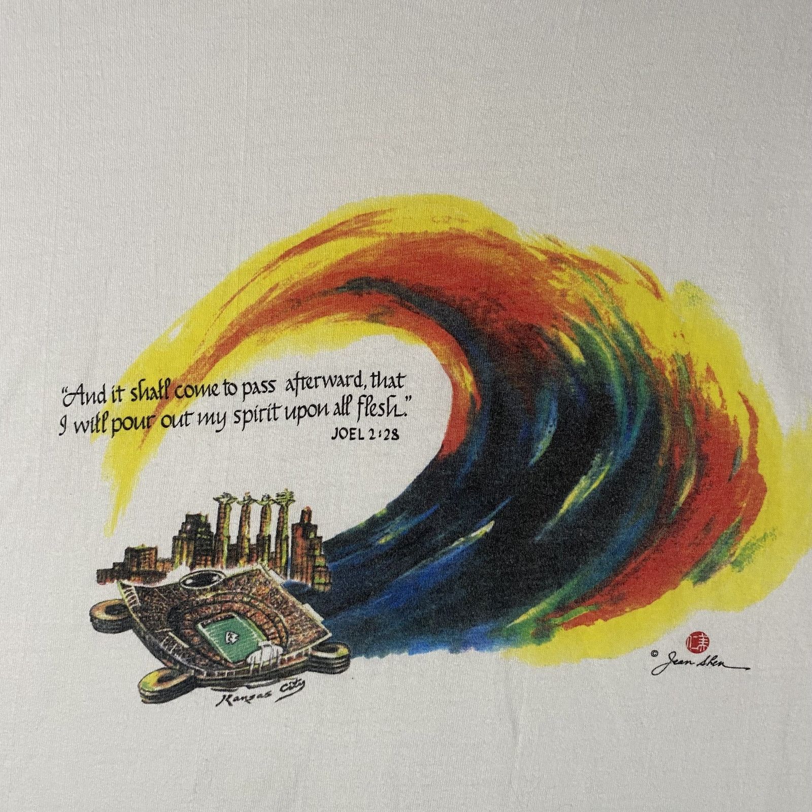 Other Vtg Kansas City Joel 2:28 Jean Shen Bible Art Shirt White XL Size US XL / EU 56 / 4 - 2 Thumbnail