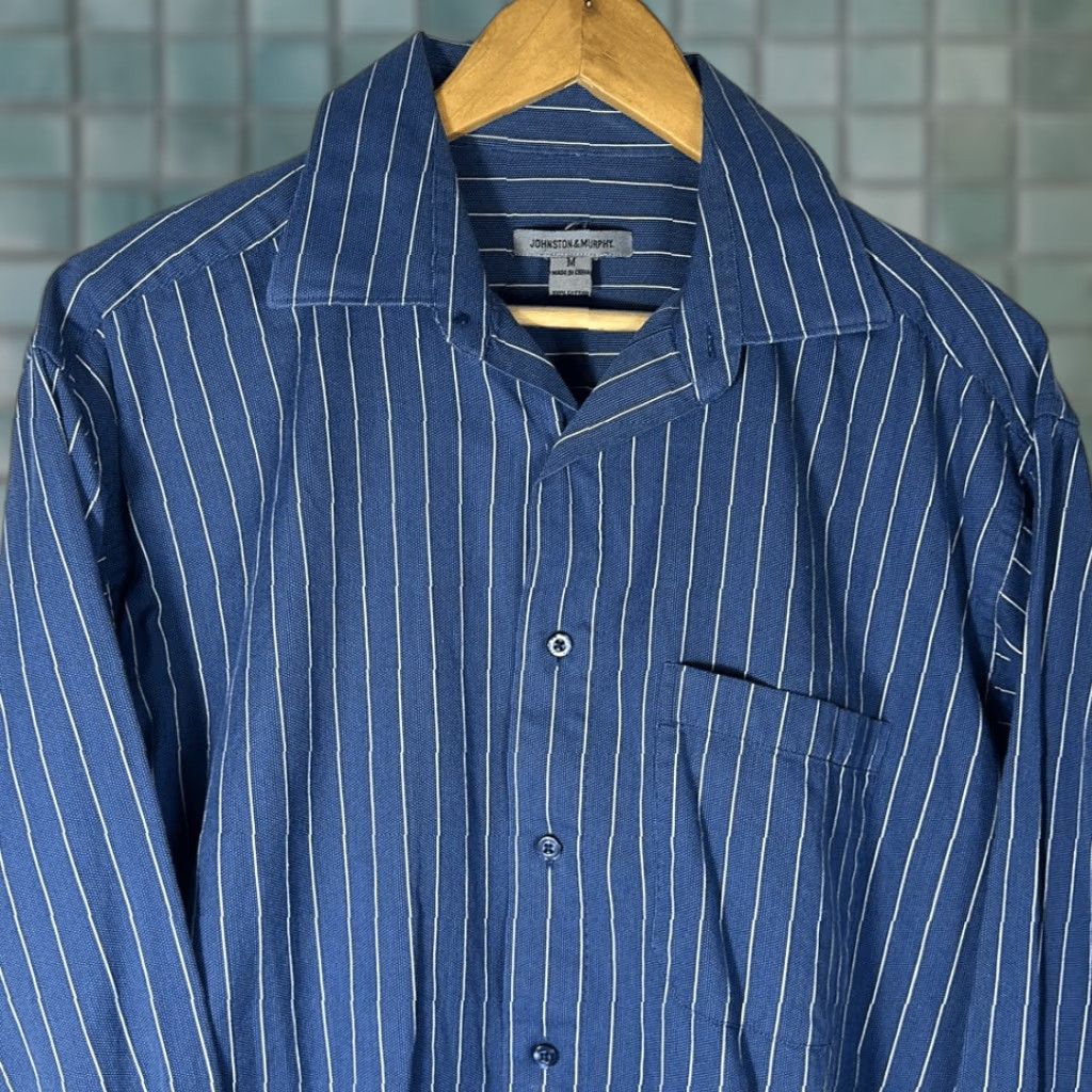 Johnston & Murphy Johnston & Murphy Shirt Button-Down Mens M Cotton Blue White Striped Long Sleeve Multicolor Chest 24” Length 30” Sleeve 23” Size US M / EU 48-50 / 2 - 1 Thumbnail