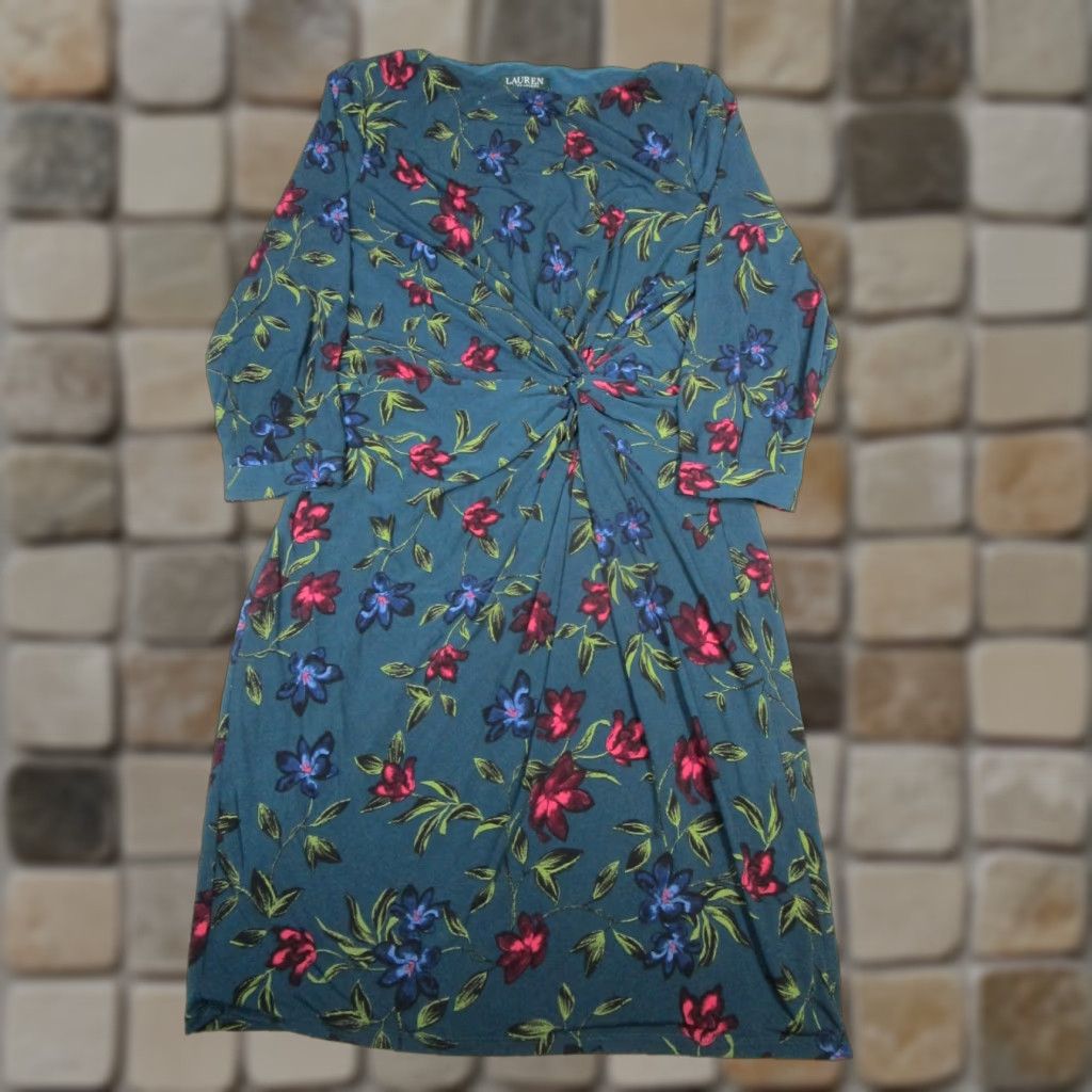 Ralph Lauren Lauren Ralph Lauren Dress Womens 16 Green Floral Wrap Blouson Blue Red Size XXL / US 16-18 / IT 52-54 - 1 Thumbnail