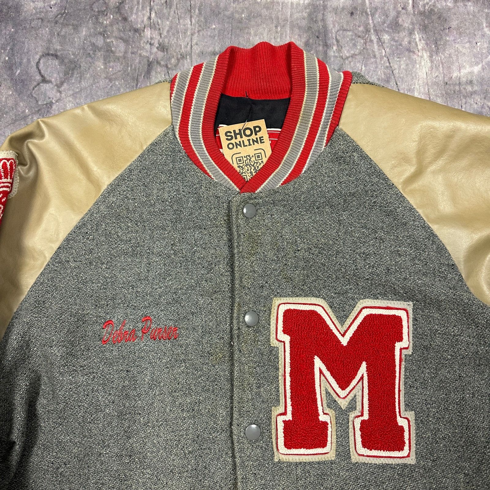 80s Gray Red Tan Indian Head Letterman Varsity Jacket XL X35