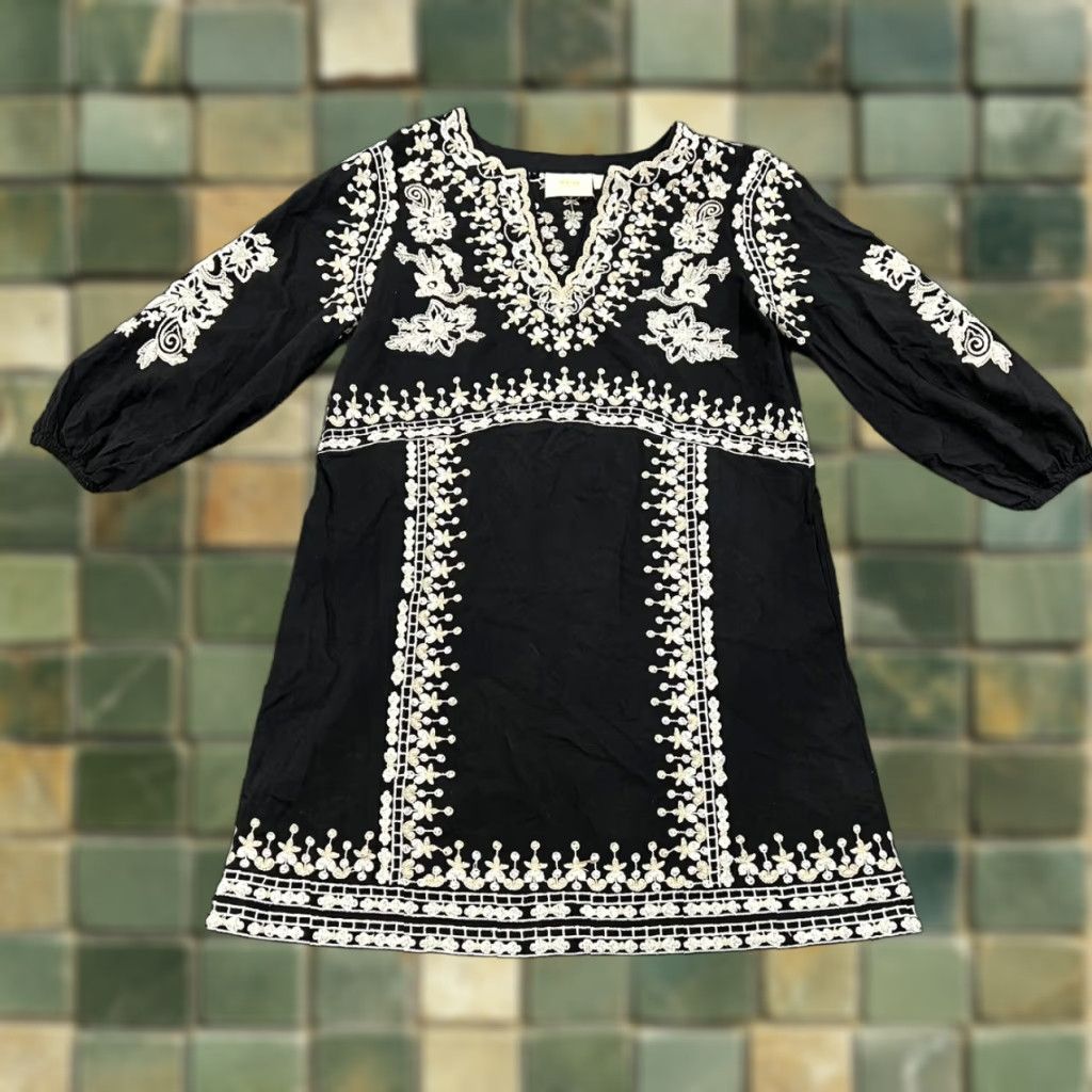 MAEVE By Anthropologie Shiloh Embroidered Tunic Women's Size 8 Black Blouson Half Sleeve Knee Length Dress Womens