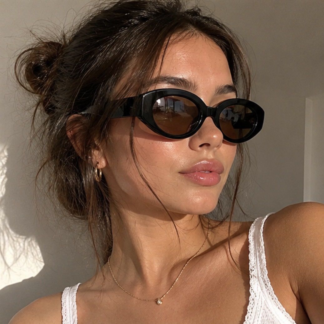 Other Black Oval Sunglasses Y2K Retro Slim Shades Brown Lens Size ONE SIZE - 1 Thumbnail