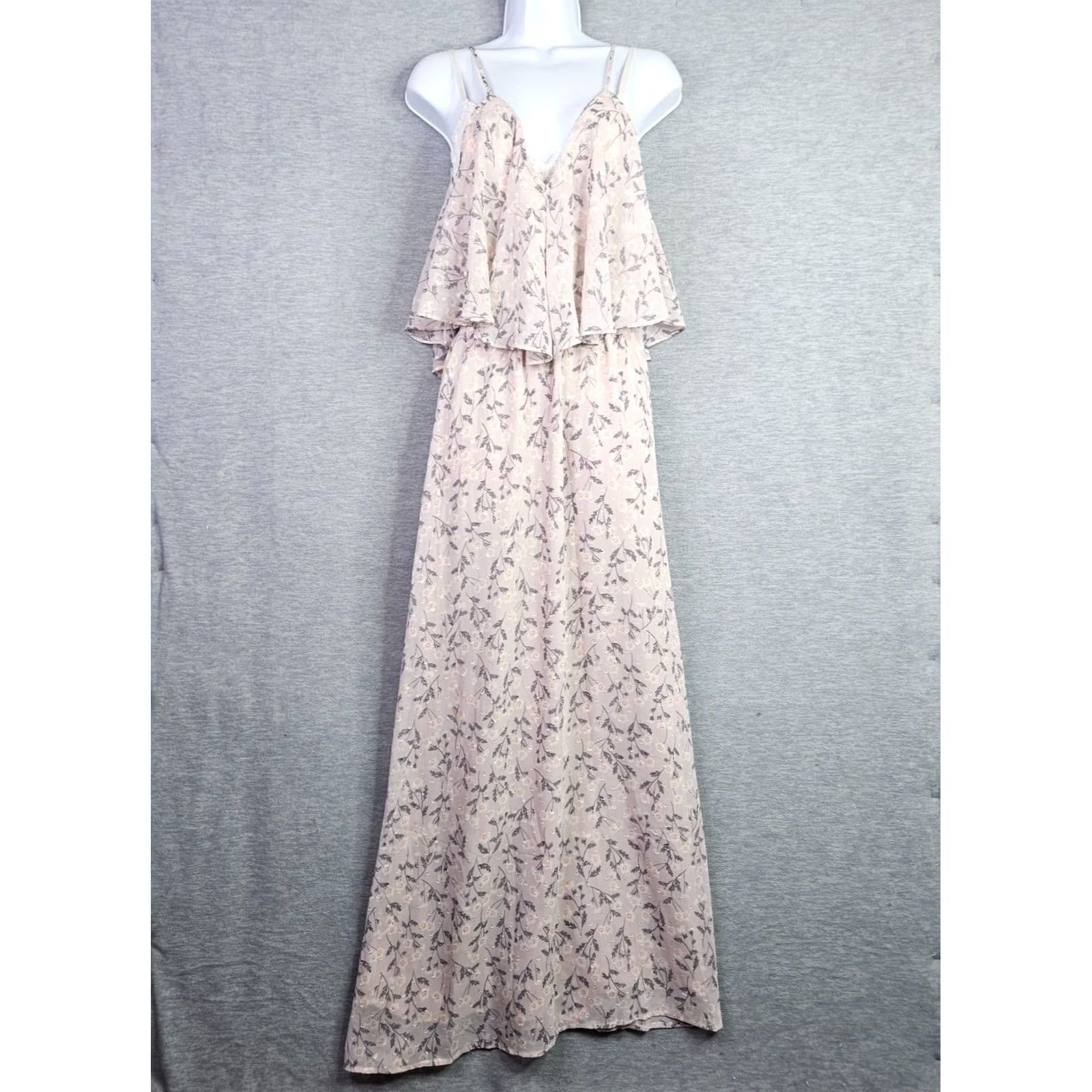 Vintage Lovestitch Women's Almon Cream Floral Printed Ruffle Sleeveless Maxi Dress Sz S Size S / US 4 / IT 40 - 2 Thumbnail