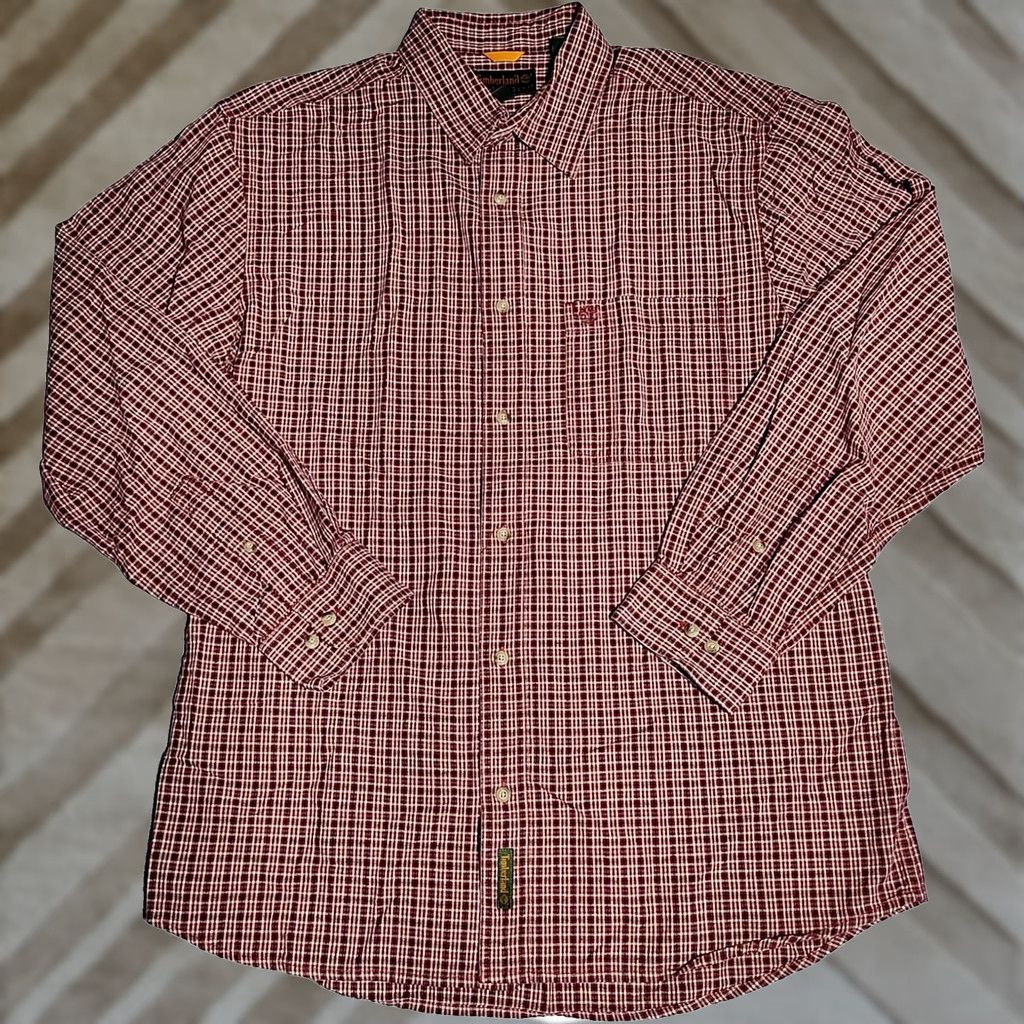 Timberland TIMBERLAND WEATHER GEAR Men Large Burgundy Check 100% Cotton Button-Up Shirt Size US L / EU 52-54 / 3 - 1 Thumbnail
