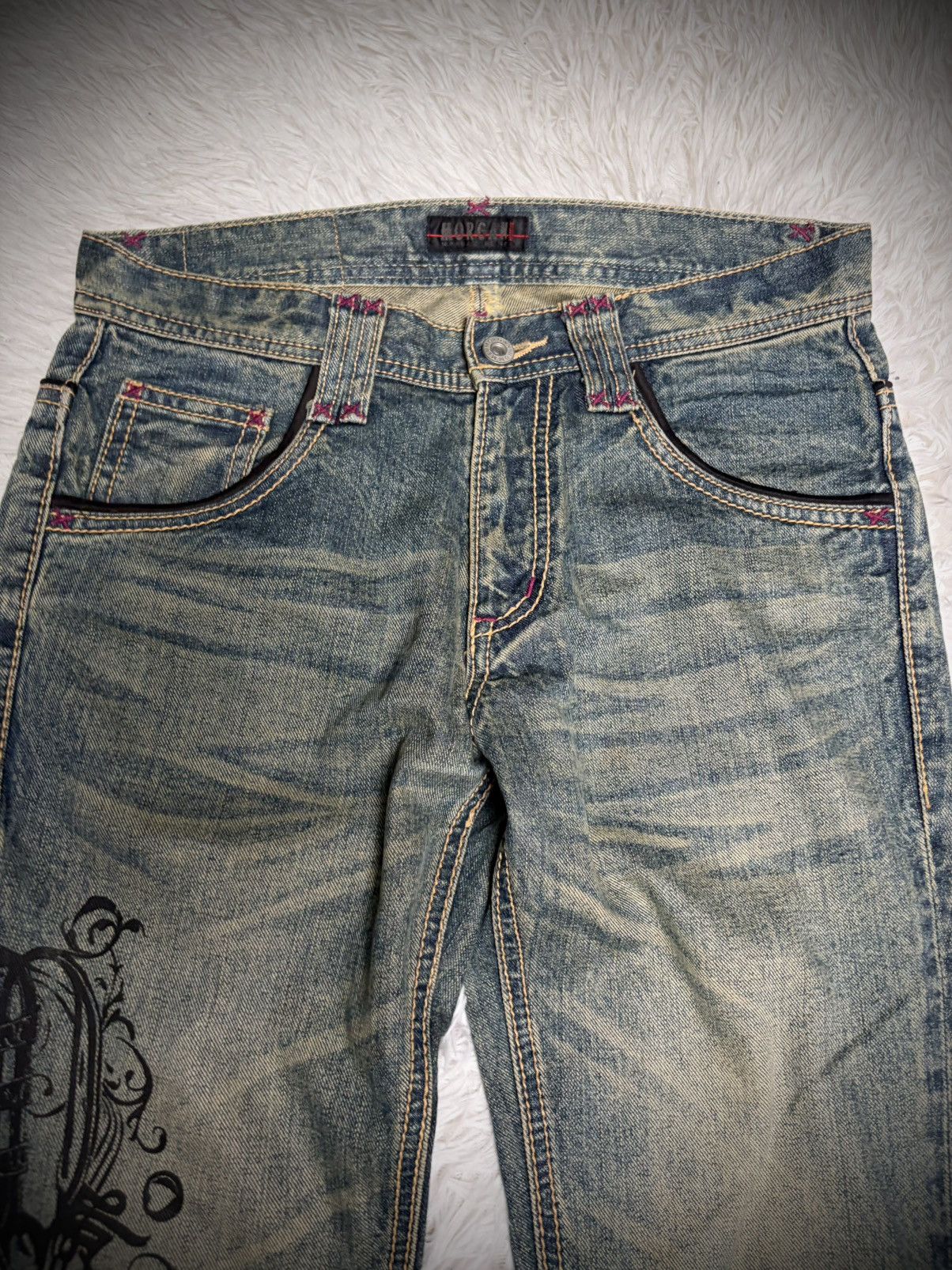 Japanese Brand Rare Morgan De Toi Homme mudwash graphic flared jeans Size US 31 - 3 Thumbnail
