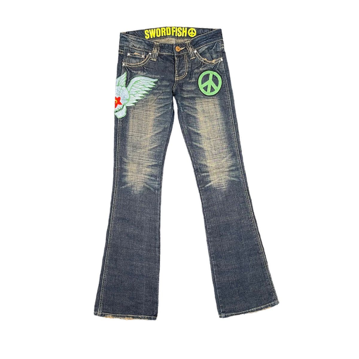 Hysteric Glamour × If Six Was Nine × Tornado Mart Peace Flare Skull Punk Embroidered Y2K Washed Denim Size 28" / US 6 / IT 42 - 2 Thumbnail