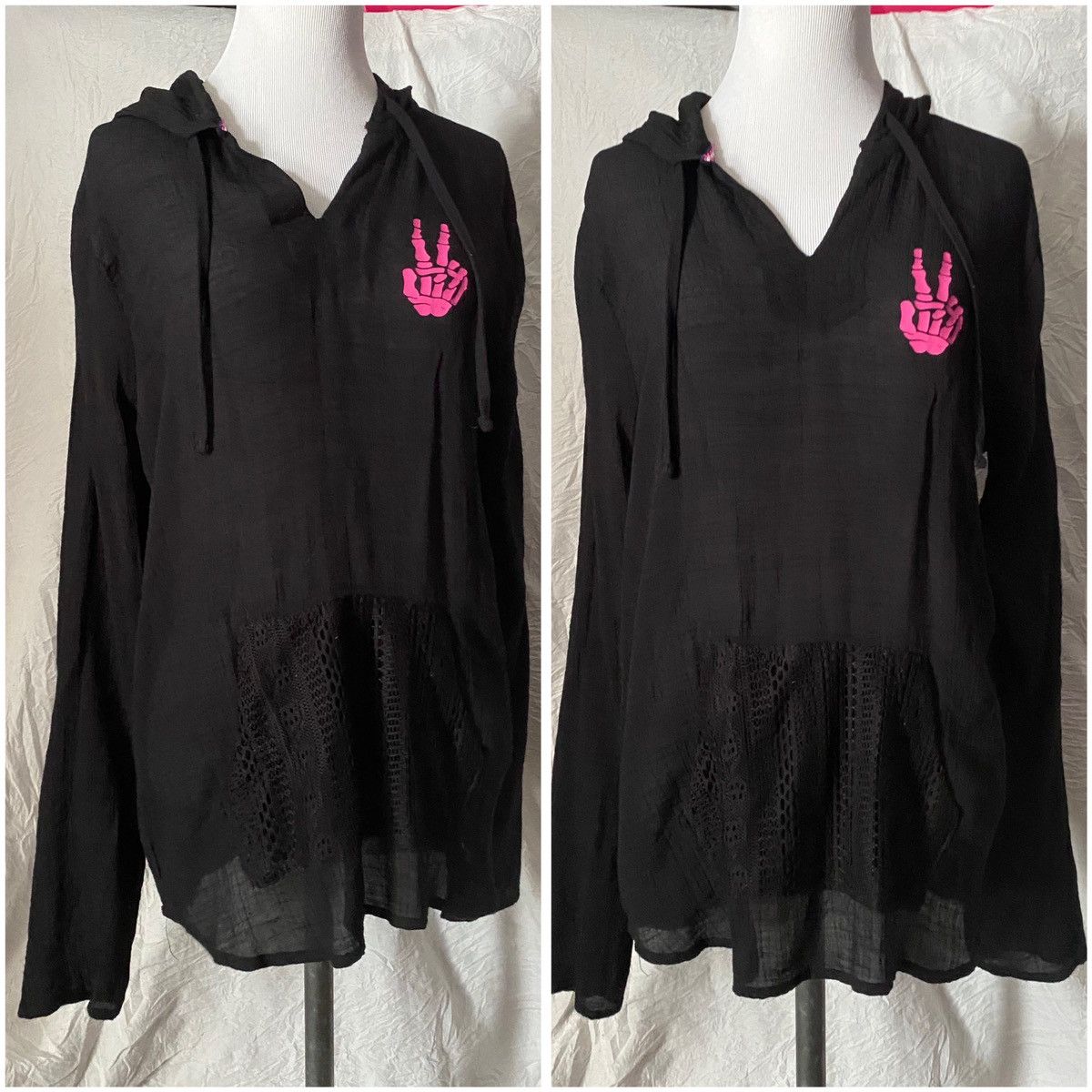 Vintage Retro, Peace Sign Skeleton, Upcycled, Hooded, Cover-Up Tunic Size S / US 4 / IT 40 - 6 Thumbnail
